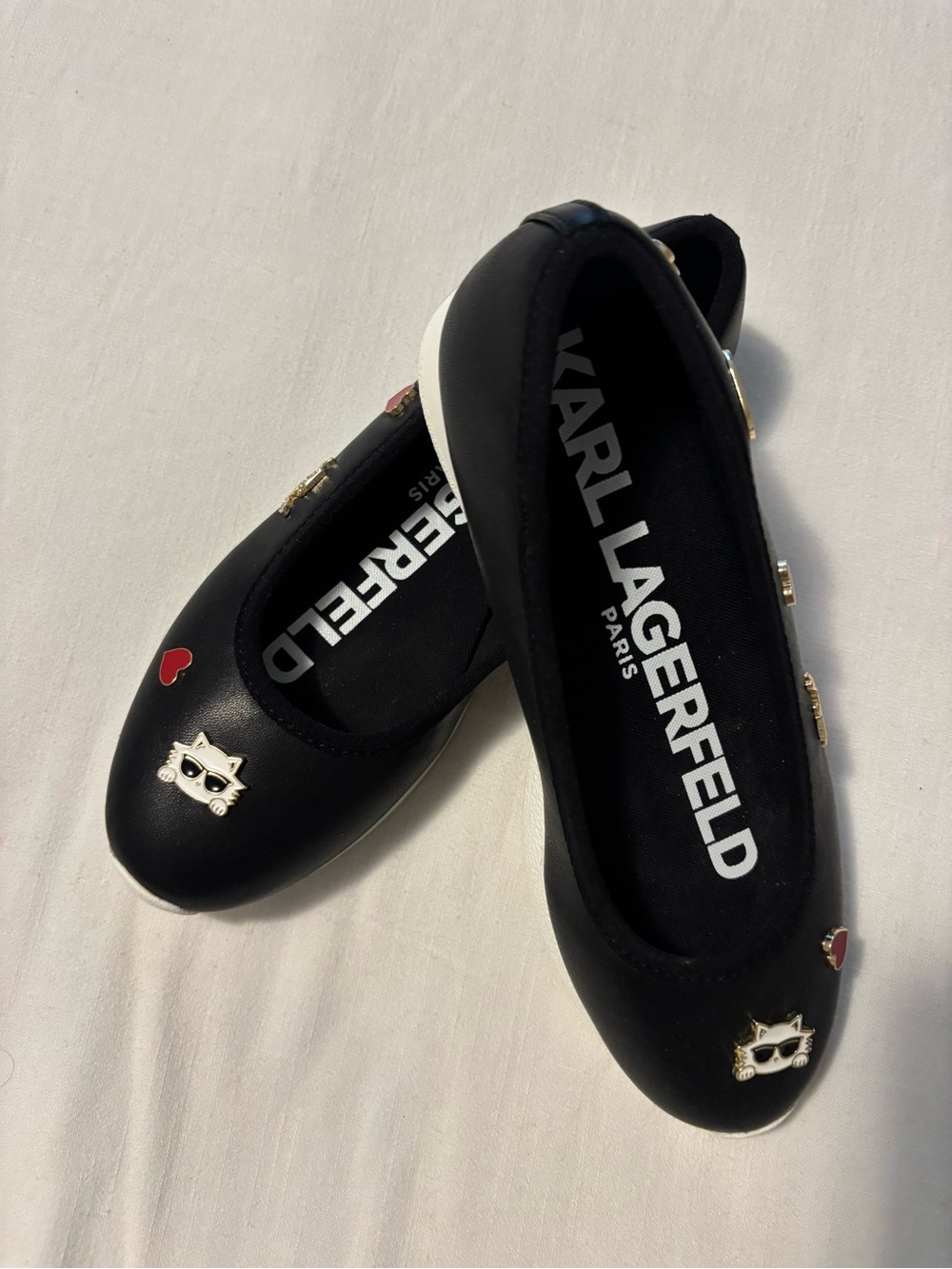 Karl Lagerfeld Black Ballet Flats with Gold Cat and Red Heart Accents